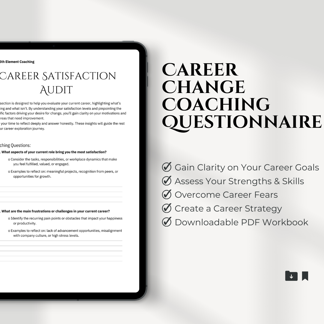 The Career Change Coaching Questionnaire Workbook helps you gain clarity, assess your skills, and create an actionable plan for a fulfilling career. Download instantly and start your transformation today!