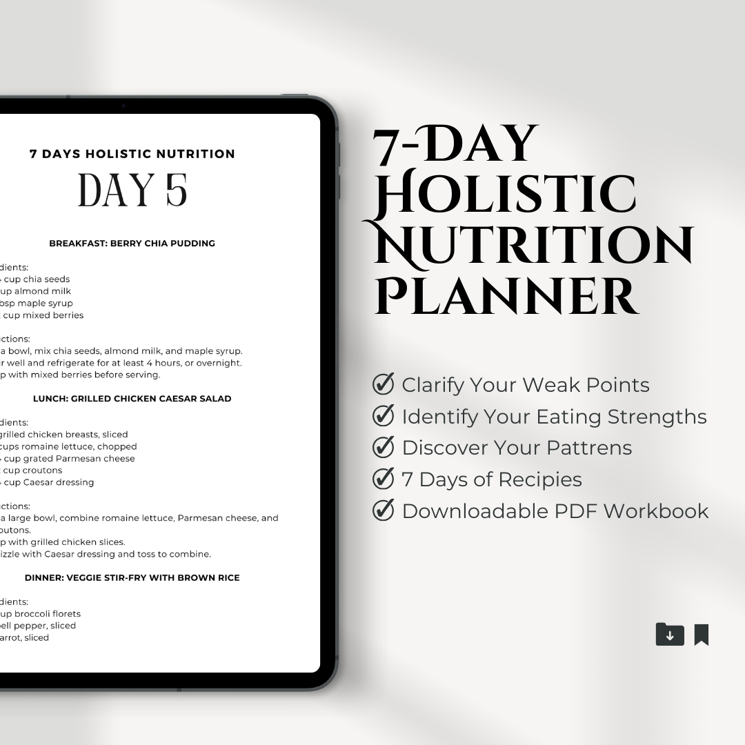 Transform your health with the Holistic Nutrition Coaching Workbook Meal Planner with Recipes! This 7-day meal plan includes whole-food recipes, a nutrition coaching questionnaire, printable meal trackers, and mindful eating tips to help you achieve sustainable wellness. Perfect for clean eating, meal prep, and holistic health. Download now